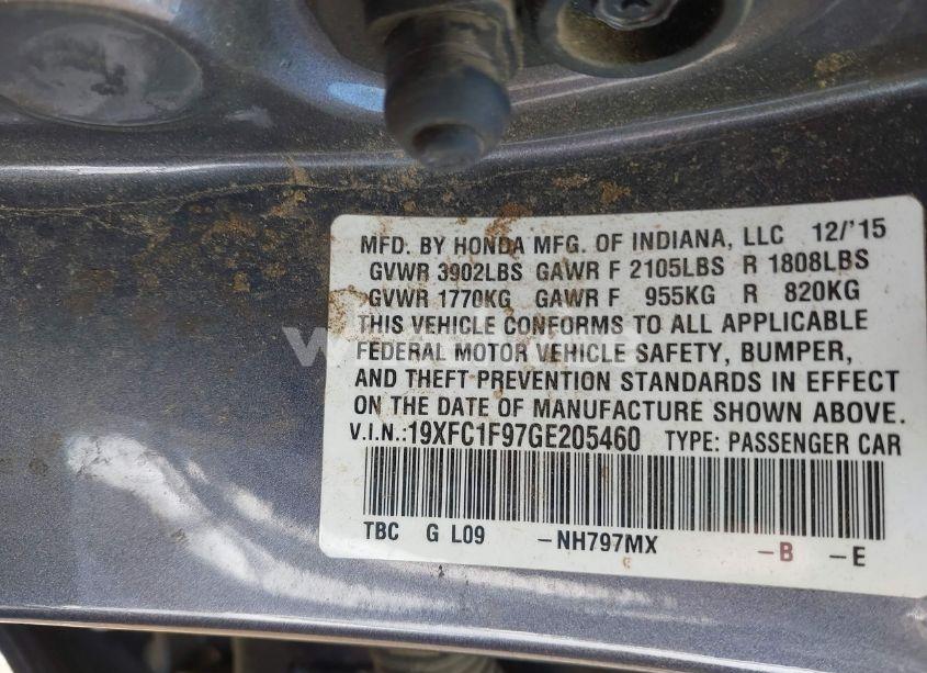 Photo 9 of 2016 Honda Civic TOURING (VIN 19XFC1F97GE205460)