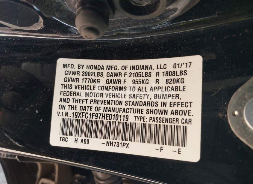 Photo 9 of 2017 Honda Civic TOURING (VIN 19XFC1F97HE010119)