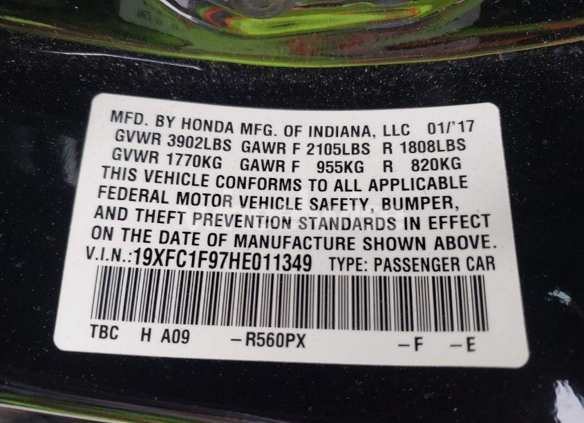 Photo 9 of 2017 Honda Civic TOURING (VIN 19XFC1F97HE011349)