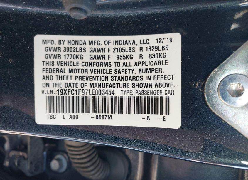 Photo 9 of 2020 Honda Civic TOURING (VIN 19XFC1F97LE003454)