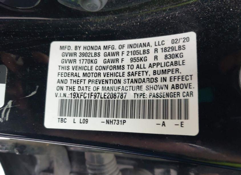 Photo 9 of 2020 Honda Civic TOURING (VIN 19XFC1F97LE208787)