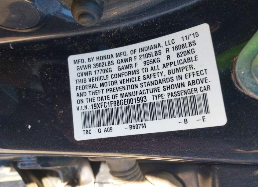 Photo 9 of 2016 Honda Civic TOURING (VIN 19XFC1F98GE001993)