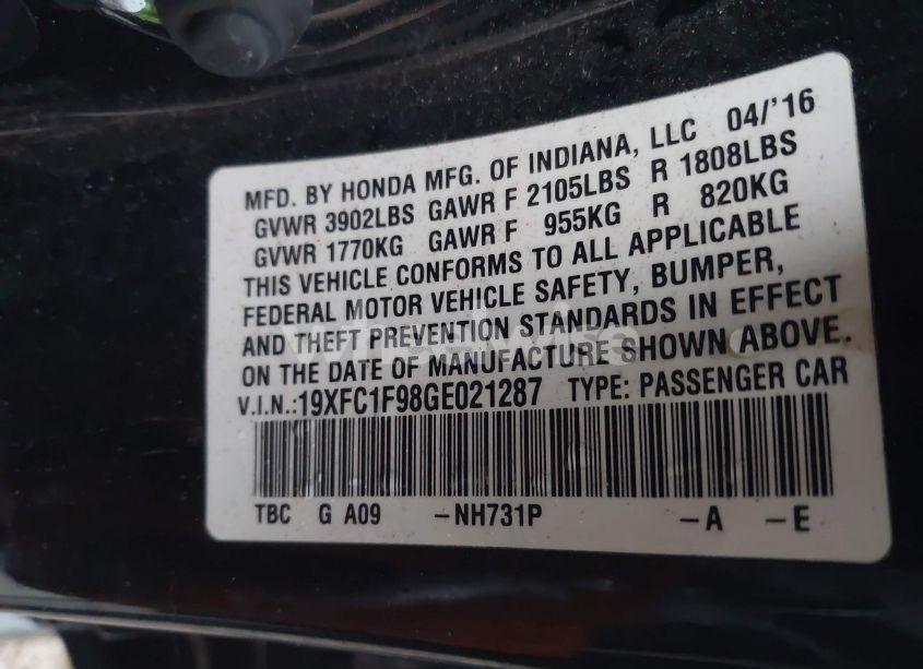 Photo 9 of 2016 Honda Civic TOURING (VIN 19XFC1F98GE021287)