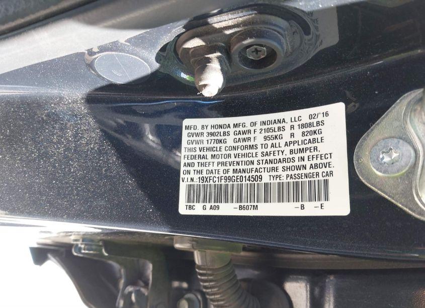 Photo 9 of 2016 Honda Civic TOURING (VIN 19XFC1F99GE014509)