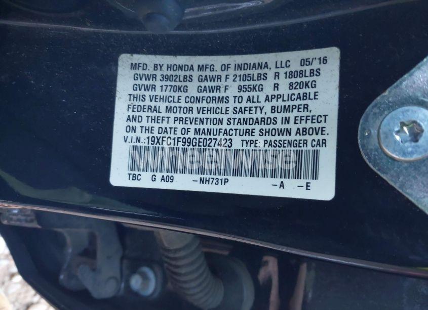 Photo 9 of 2016 Honda Civic TOURING (VIN 19XFC1F99GE027423)