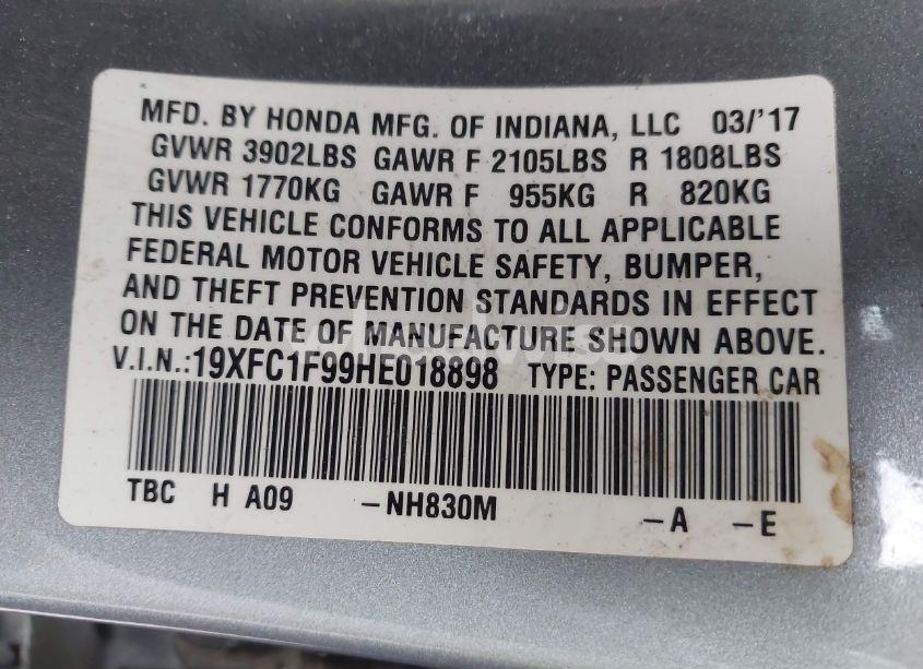 Photo 9 of 2017 Honda Civic TOURING (VIN 19XFC1F99HE018898)