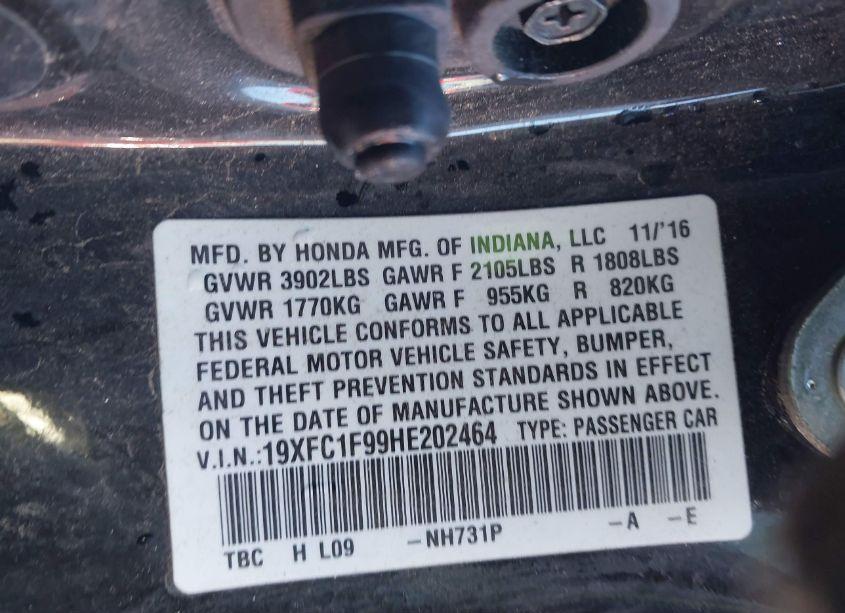 Photo 9 of 2017 Honda Civic TOURING (VIN 19XFC1F99HE202464)