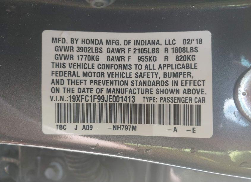 Photo 9 of 2018 Honda Civic TOURING (VIN 19XFC1F99JE001413)