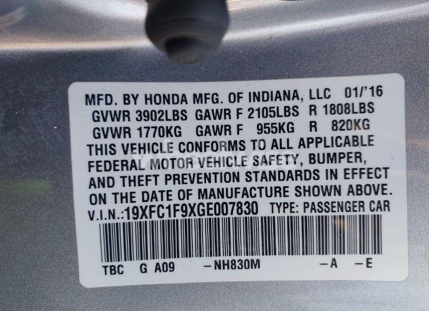 Photo 9 of 2016 Honda Civic TOURING (VIN 19XFC1F9XGE007830)