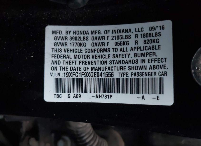 Photo 9 of 2016 Honda Civic TOURING (VIN 19XFC1F9XGE041556)