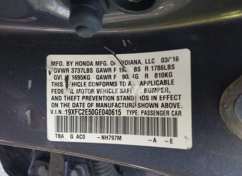 Photo 9 of 2016 Honda Civic LX (VIN 19XFC2E50GE040615)