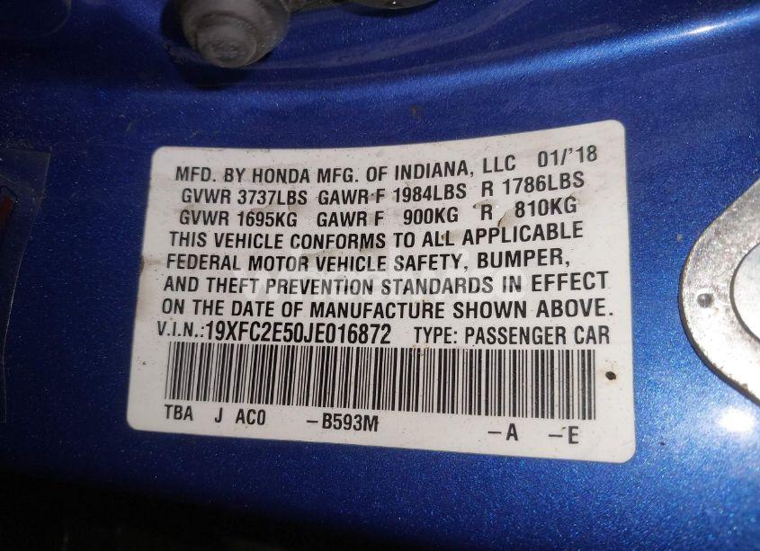 Photo 9 of 2018 Honda Civic LX (VIN 19XFC2E50JE016872)