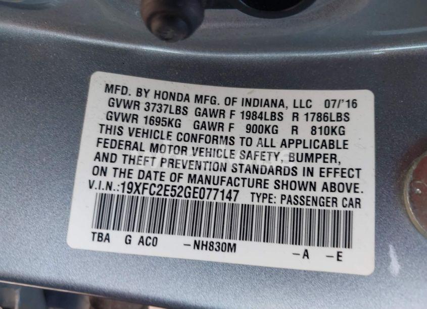 Photo 9 of 2016 Honda Civic LX (VIN 19XFC2E52GE077147)