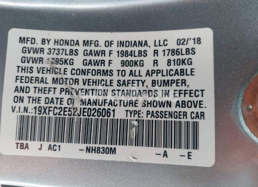 Photo 9 of 2018 Honda Civic LX (VIN 19XFC2E52JE026061)