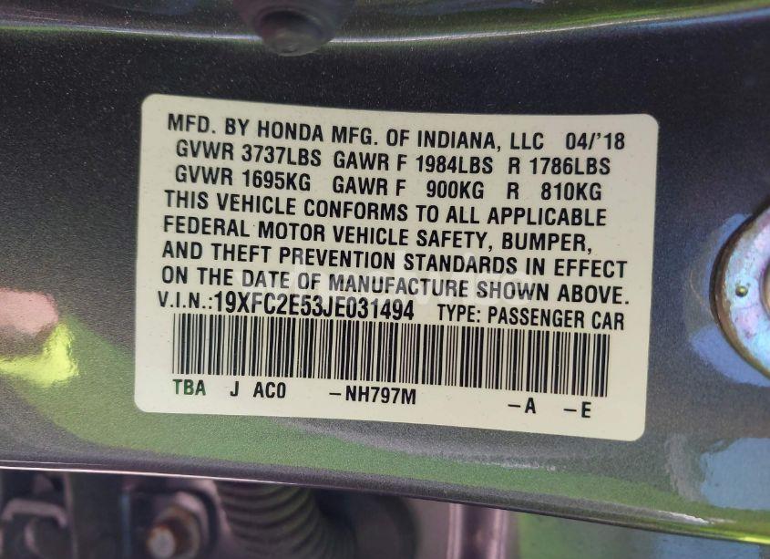 Photo 9 of 2018 Honda Civic LX (VIN 19XFC2E53JE031494)