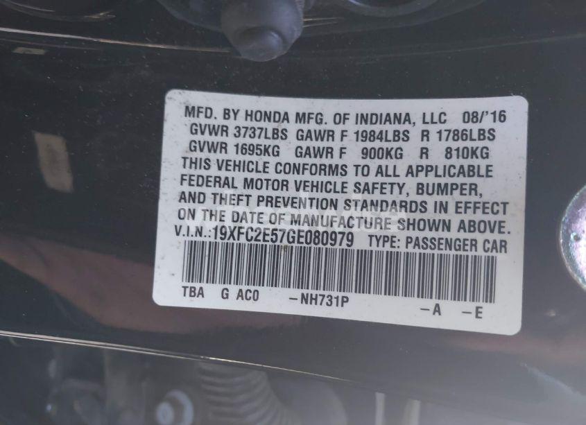 Photo 9 of 2016 Honda Civic LX (VIN 19XFC2E57GE080979)