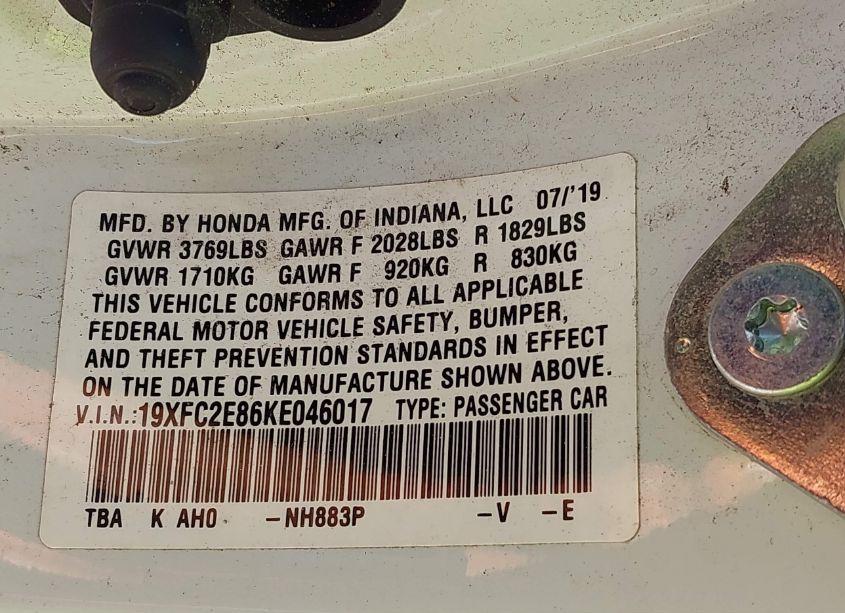 Photo 9 of 2019 Honda Civic SPORT (VIN 19XFC2E86KE046017)