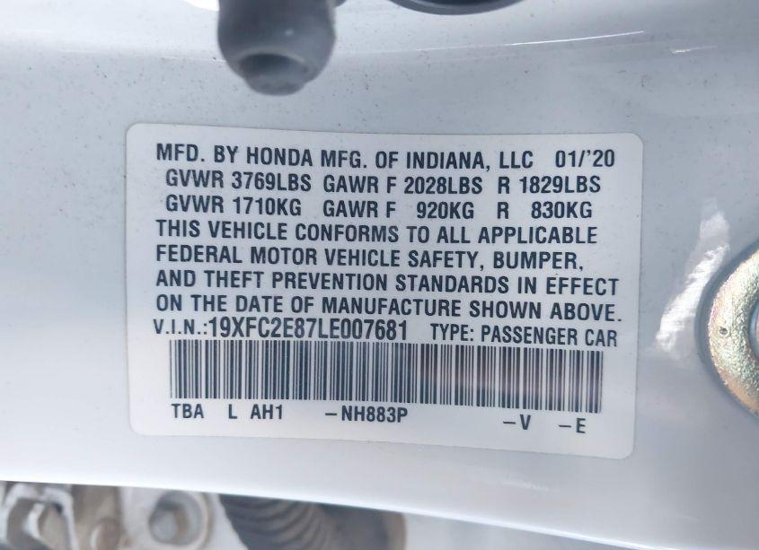 Photo 9 of 2020 Honda Civic SPORT (VIN 19XFC2E87LE007681)