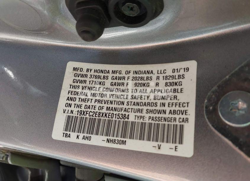 Photo 9 of 2019 Honda Civic SPORT (VIN 19XFC2E8XKE015384)