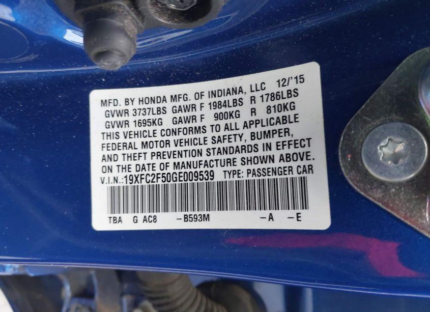 Photo 9 of 2016 Honda Civic LX (VIN 19XFC2F50GE009539)