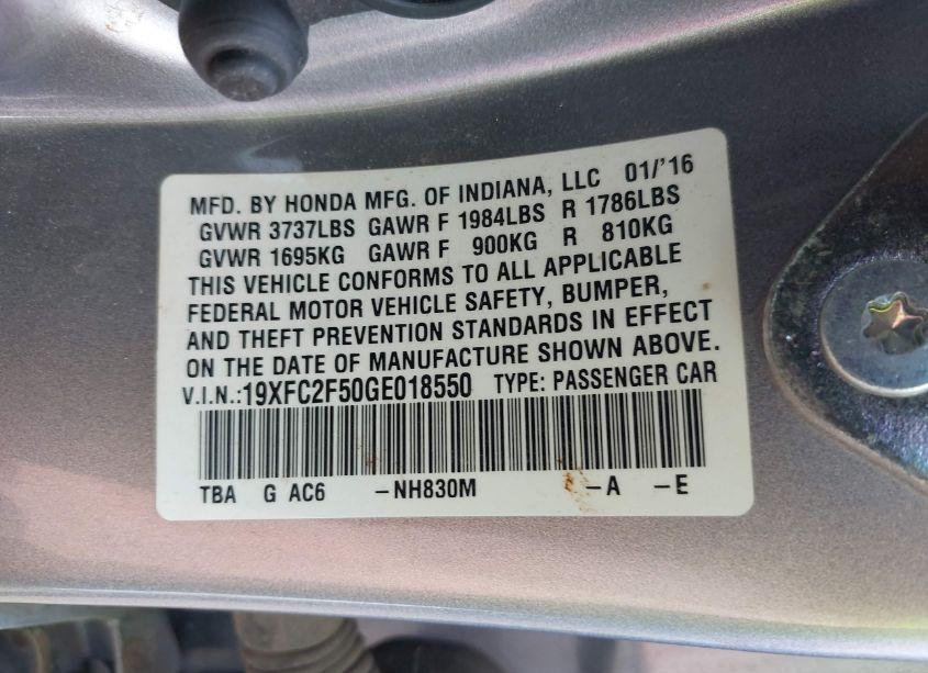 Photo 9 of 2016 Honda Civic LX (VIN 19XFC2F50GE018550)