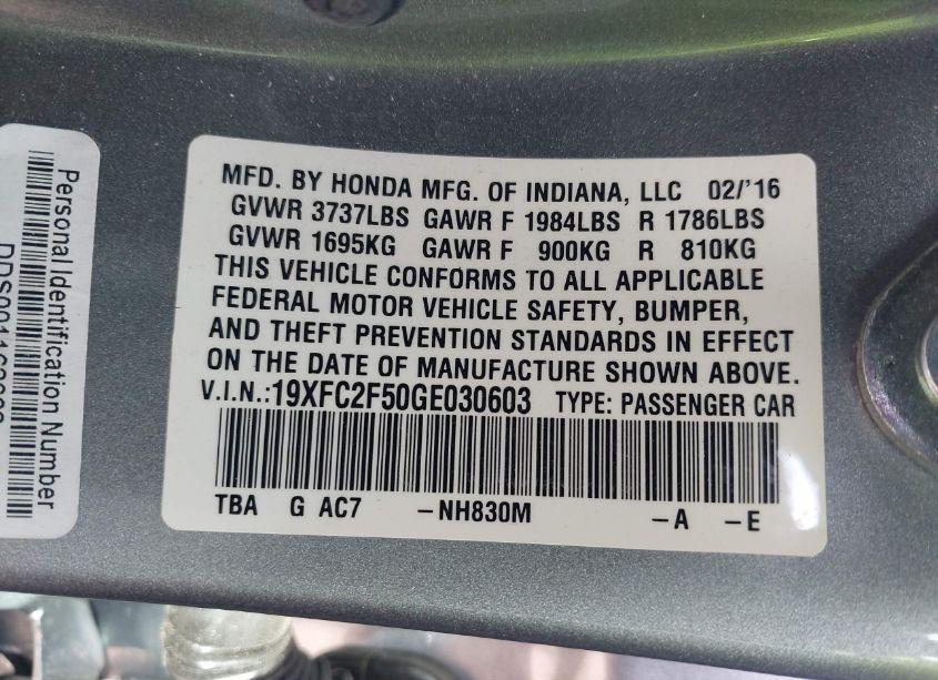 Photo 8 of 2016 Honda Civic LX (VIN 19XFC2F50GE030603)