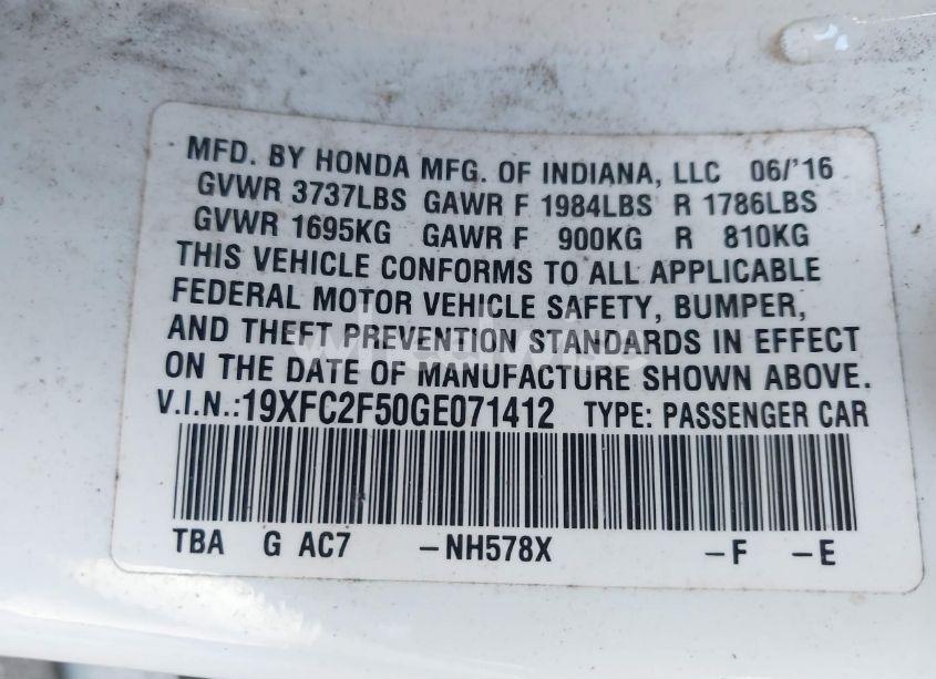 Photo 9 of 2016 Honda Civic LX (VIN 19XFC2F50GE071412)