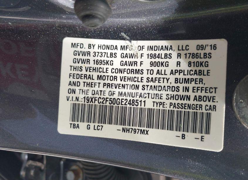 Photo 9 of 2016 Honda Civic LX (VIN 19XFC2F50GE248511)