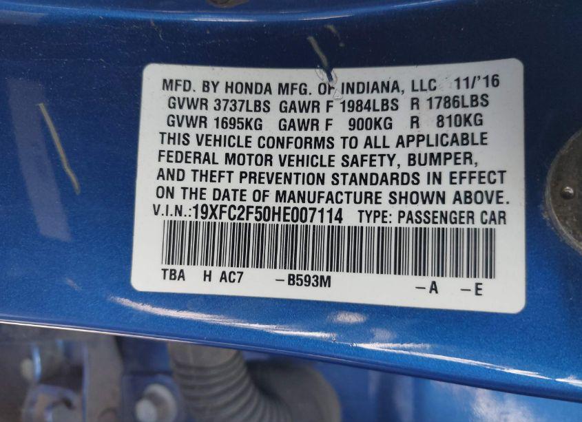 Photo 9 of 2017 Honda Civic LX (VIN 19XFC2F50HE007114)