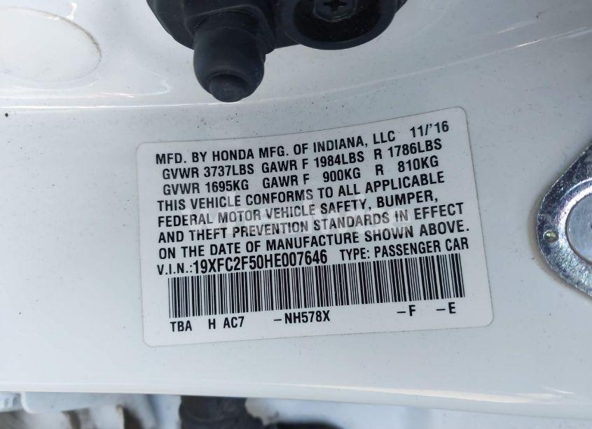 Photo 9 of 2017 Honda Civic LX (VIN 19XFC2F50HE007646)
