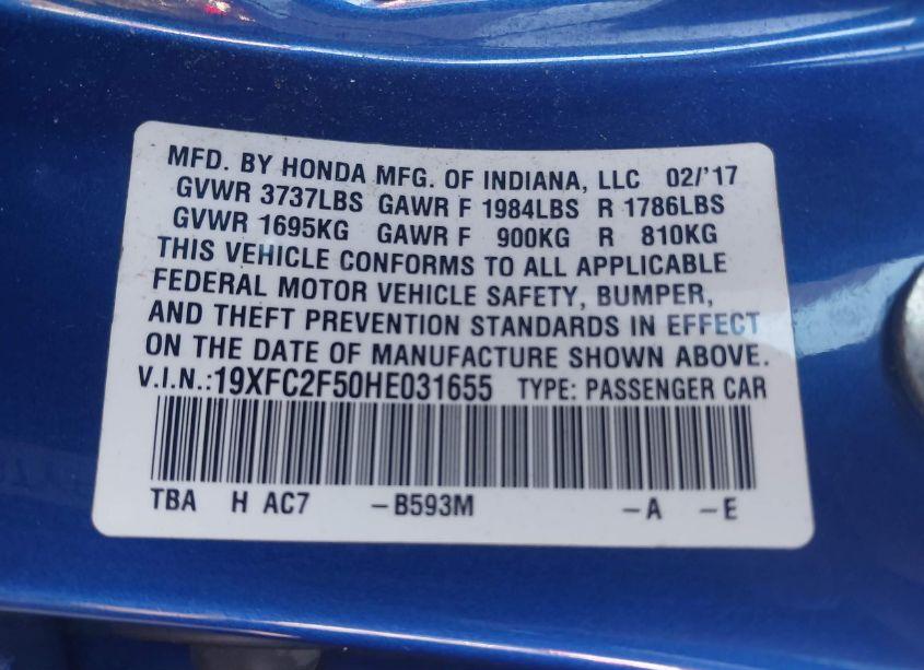 Photo 9 of 2017 Honda Civic LX (VIN 19XFC2F50HE031655)