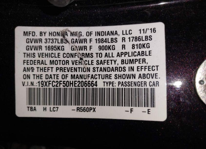 Photo 9 of 2017 Honda Civic LX (VIN 19XFC2F50HE206664)