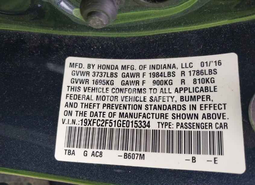 Photo 9 of 2016 Honda Civic LX (VIN 19XFC2F51GE015334)