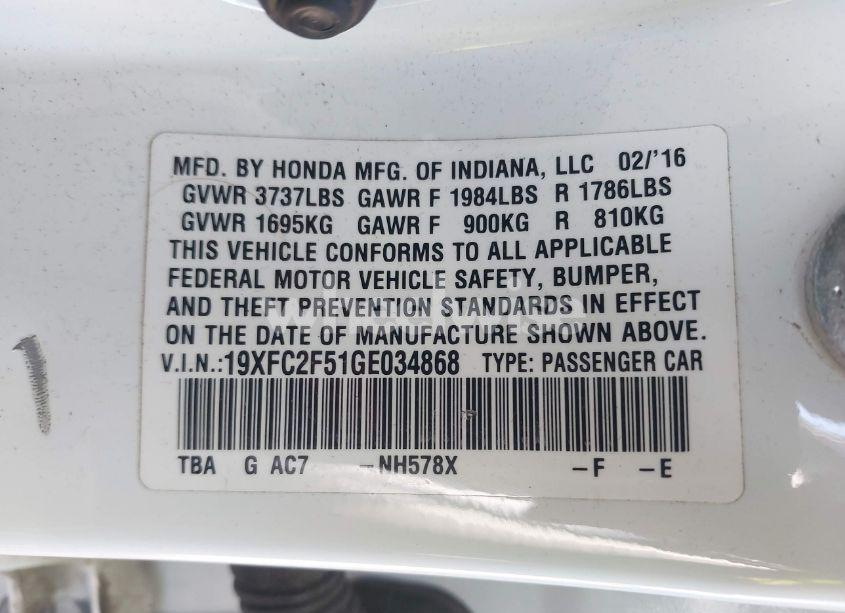 Photo 9 of 2016 Honda Civic LX (VIN 19XFC2F51GE034868)