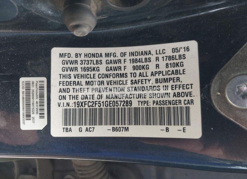 Photo 9 of 2016 Honda Civic LX (VIN 19XFC2F51GE057289)