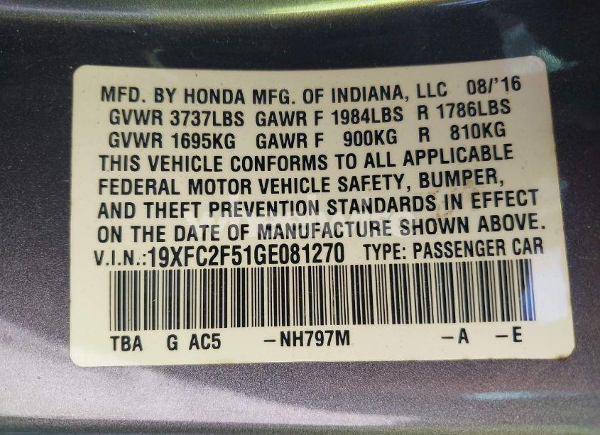 Photo 9 of 2016 Honda Civic LX (VIN 19XFC2F51GE081270)