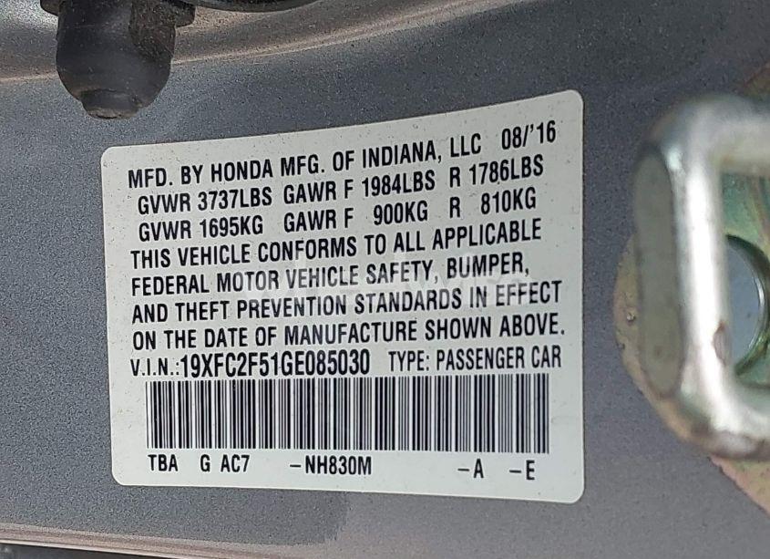 Photo 9 of 2016 Honda Civic LX (VIN 19XFC2F51GE085030)