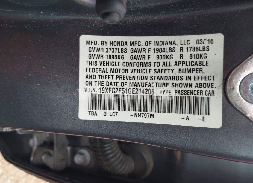 Photo 9 of 2016 Honda Civic LX (VIN 19XFC2F51GE214206)