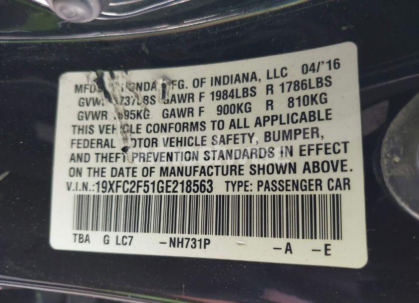 Photo 9 of 2016 Honda Civic LX (VIN 19XFC2F51GE218563)