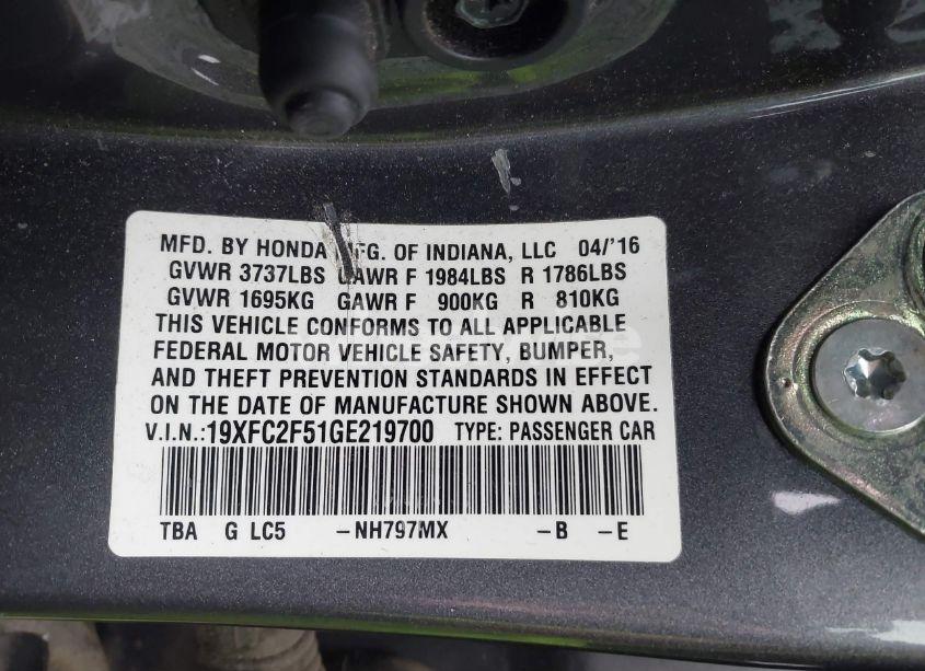 Photo 9 of 2016 Honda Civic LX (VIN 19XFC2F51GE219700)