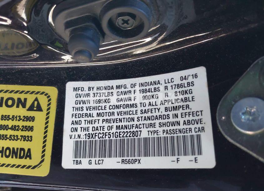 Photo 9 of 2016 Honda Civic LX (VIN 19XFC2F51GE222807)