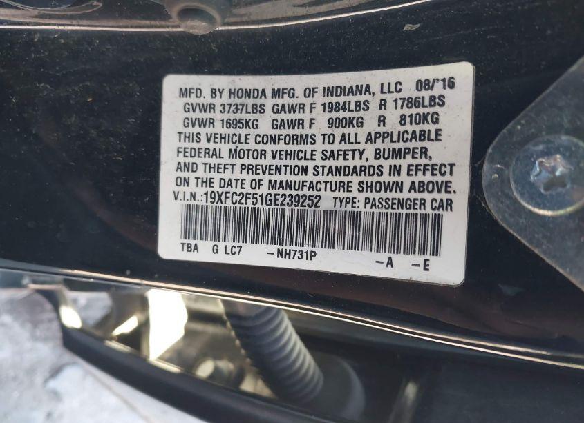 Photo 9 of 2016 Honda Civic LX (VIN 19XFC2F51GE239252)