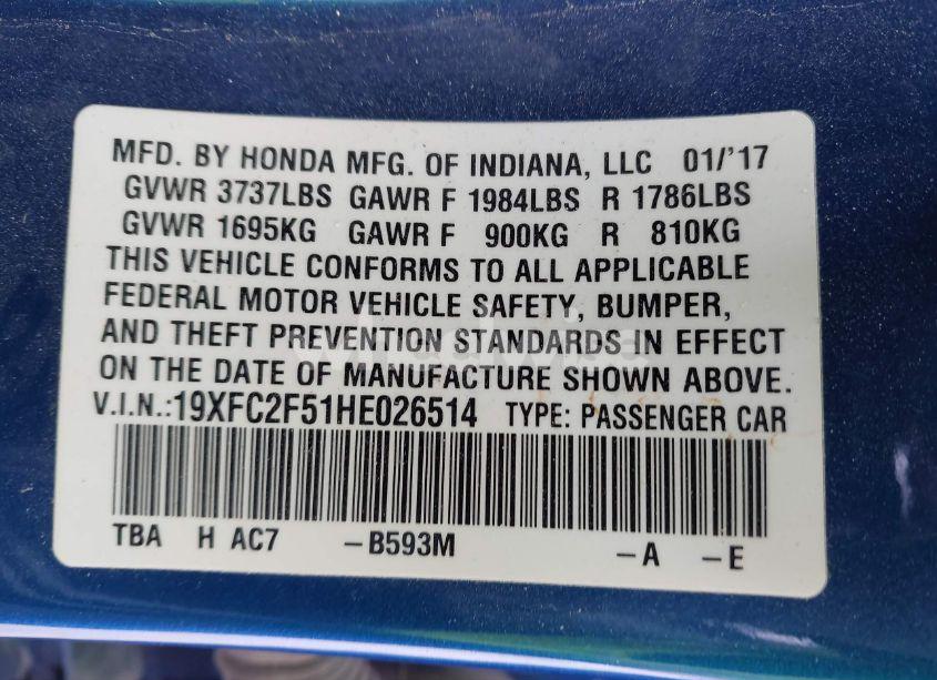 Photo 9 of 2017 Honda Civic LX (VIN 19XFC2F51HE026514)