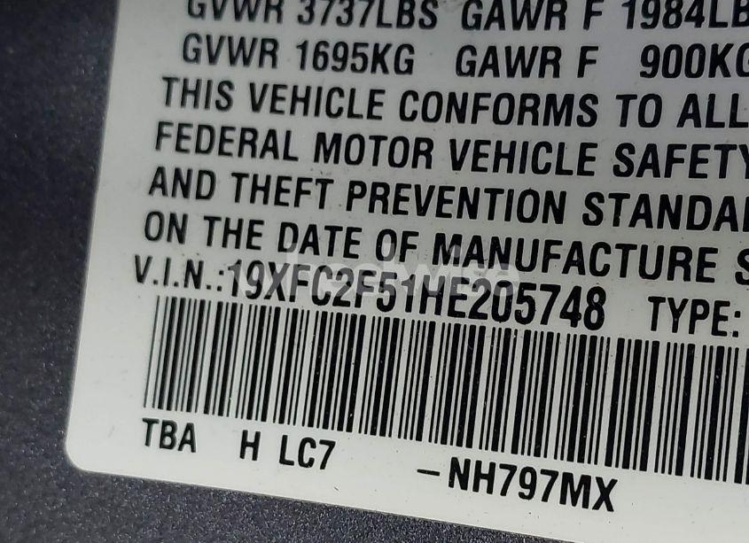 Photo 9 of 2017 Honda Civic LX (VIN 19XFC2F51HE205748)