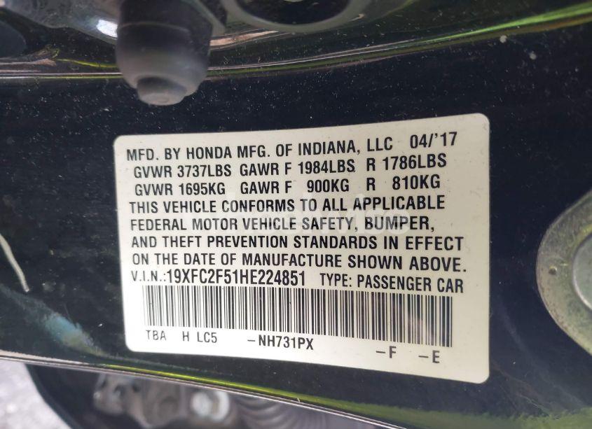 Photo 9 of 2017 Honda Civic LX (VIN 19XFC2F51HE224851)