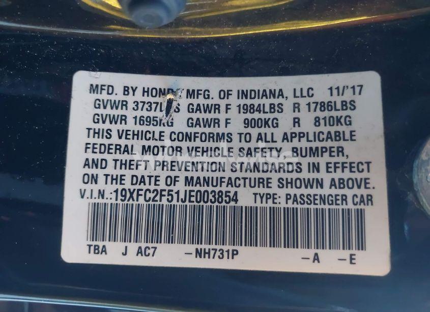 Photo 9 of 2018 Honda Civic LX (VIN 19XFC2F51JE003854)