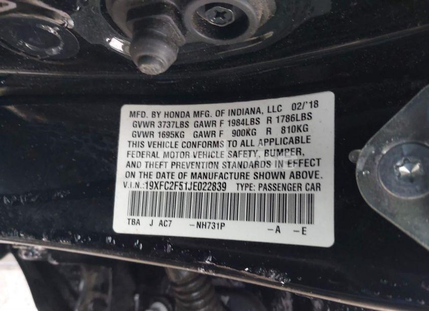 Photo 9 of 2018 Honda Civic LX (VIN 19XFC2F51JE022839)