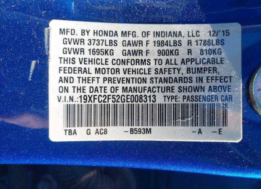 Photo 9 of 2016 Honda Civic LX (VIN 19XFC2F52GE008313)