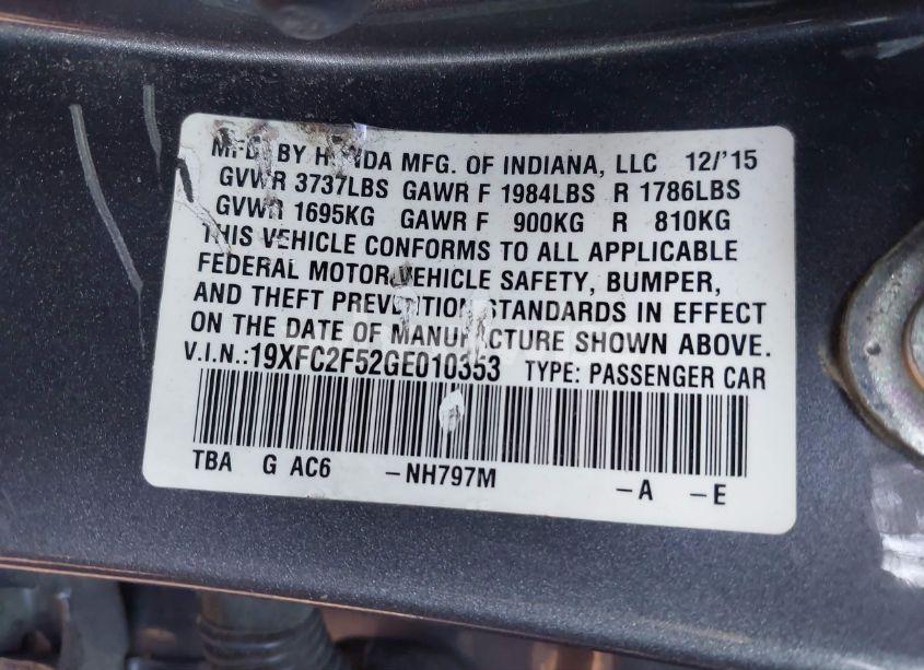 Photo 9 of 2016 Honda Civic LX (VIN 19XFC2F52GE010353)