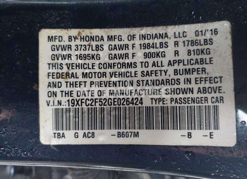 Photo 9 of 2016 Honda Civic LX (VIN 19XFC2F52GE026424)